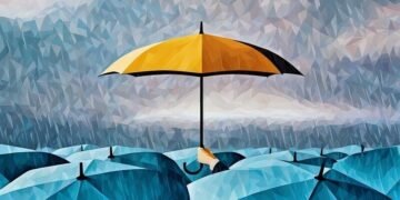 A persons hand holding a large umbrella above, blocking the rain, protecting from the rain as a metaphor for insurance can protect you or your business