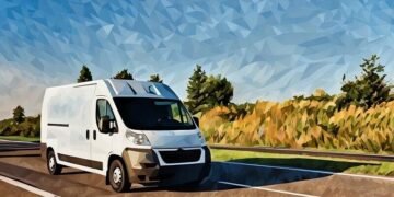 A white commercial van on the road