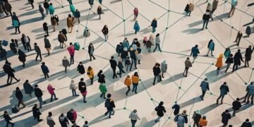 A group of people from above, networking and interconnecting to enable group lending