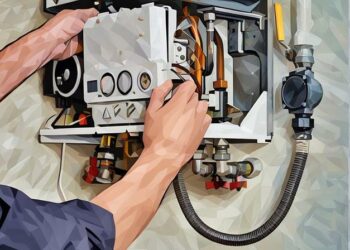 A repairman fixing a boiler that's covered by landlord boiler insurance