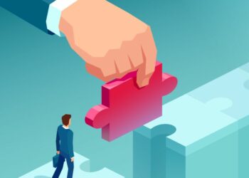 A giant hand adding a puzzle piece allowing a man to cross a bridge, showing how funding can support a business on the journey of growth