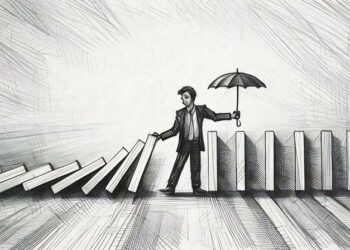 A person stopping a series of dominoes toppling any further, as a metaphorical example of how business interruption insurance can save businesses from being completely destroyed