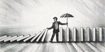 A person stopping a series of dominoes toppling any further, as a metaphorical example of how business interruption insurance can save businesses from being completely destroyed