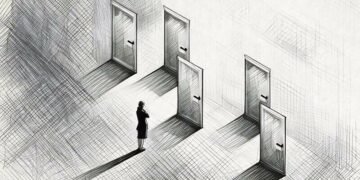 A women choosing the right option by selecting the right door out of many (representation)