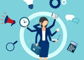 A business women surrounded by symbols representing different skill sets to develop