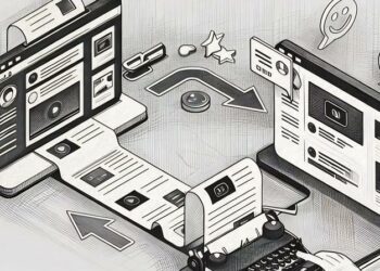 A typewriter flowing to a computer as an old school example of guest blogging