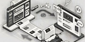 A typewriter flowing to a computer as an old school example of guest blogging