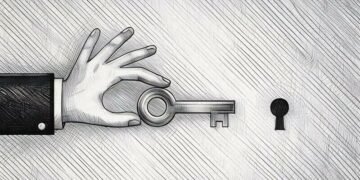 A hand holding a key about to be entered into a lock as a symbolical representation of how password managers work at a base level