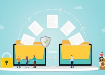 A series of files migrating between two computer interfaces for servers
