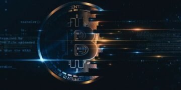 Bitcoin symbol shown in blockchain code
