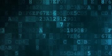 Matrix style computer code in blue running across a machine