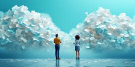 A man and woman staring into a series of clouds overflowing with paperwork, demonstrating how paper can overwhelm employees and businesses