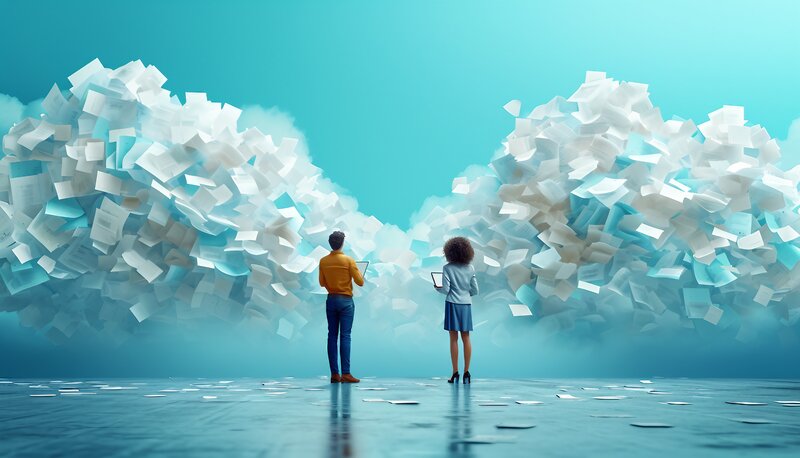 A man and woman staring into a series of clouds overflowing with paperwork, demonstrating how paper can overwhelm employees and businesses