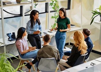 A team of people having meeting to solve a workplace problem