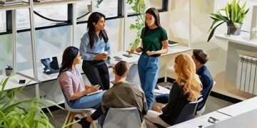 A team of people having meeting to solve a workplace problem