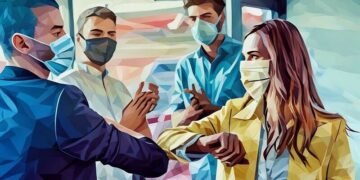 Business people wearing face masks and bumping elbows during COVID to signify closing a sales deal