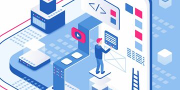 A graphic mock-up of a cartoon man designing visual graphics