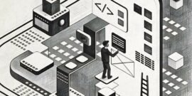 A graphic mock-up of a cartoon man designing visual graphics