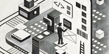A graphic mock-up of a cartoon man designing visual graphics