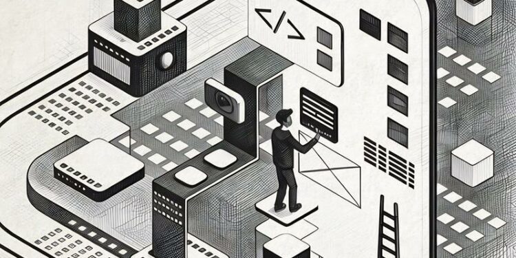 A graphic mock-up of a cartoon man designing visual graphics