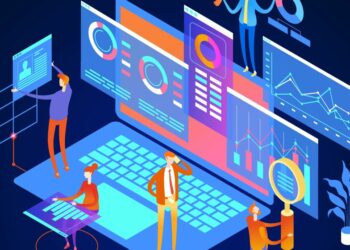 Cartoon people playing around with graphical representations of digital marketing techniques