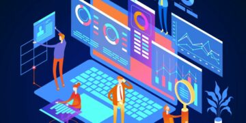 Cartoon people playing around with graphical representations of digital marketing techniques