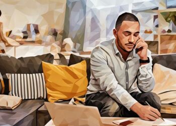 Employee working from a living table at home with family in the background