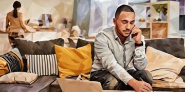 Employee working from a living table at home with family in the background