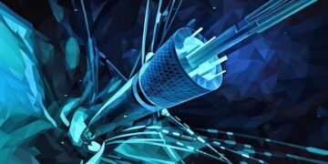 Light flowing through a blue fibre optic cable