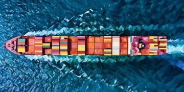 Cargo ship travelling over water symbolising import and export