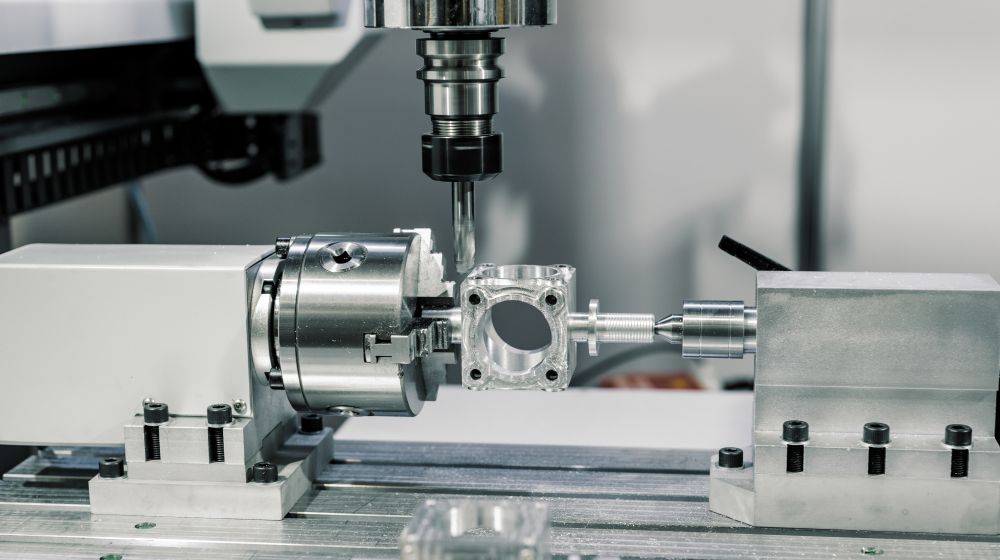 Machine precision cutting an engine component in a factory