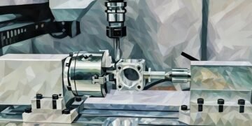 Machine precision cutting an engine component in a factory