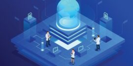 A data centre with people working around