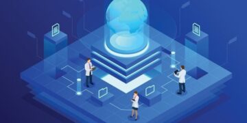 A data centre with people working around