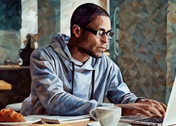 A freelancer working on a laptop at home