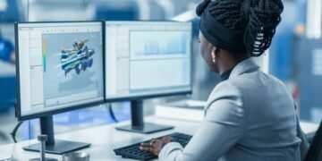 Employee sitting at a desk working on a computer being empowered and made more productive by specialist software