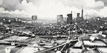 Visual representation of internet data flowing across an ISP network in a city