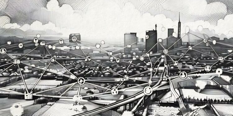 Visual representation of internet data flowing across an ISP network in a city