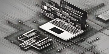 A computer with graphics coming out of the screen, coding examples
