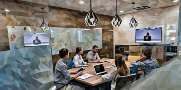 A team videoconferencing with another part of their company in the office