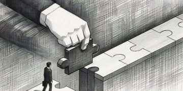 A minature man walking across a puzzle bridge, with a giant hand putting a puzzle piece in place allowing the person to move forward