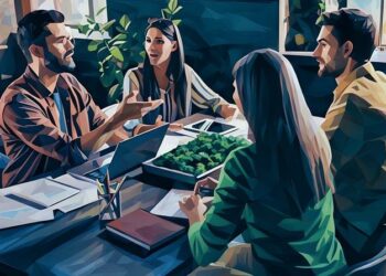 Inhouse team of marketers talking around a table