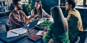 Inhouse team of marketers talking around a table