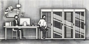 A group of IT workers chilling by the Sys Admin desk with server racks in the background