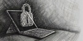 A digital lock appearing infront of a laptop, showing it's encrypted and secure
