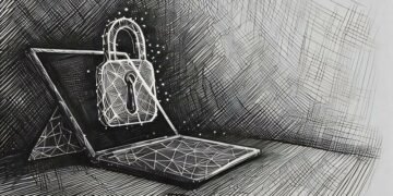 A digital lock appearing infront of a laptop, showing it's encrypted and secure