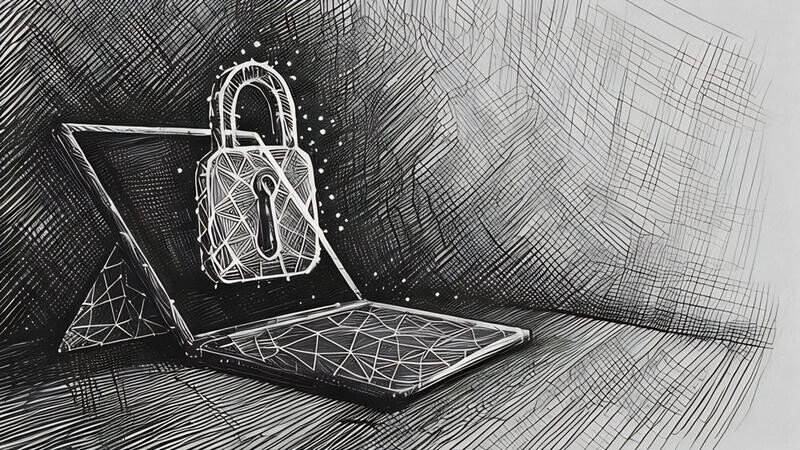 A digital lock appearing infront of a laptop, showing it's encrypted and secure