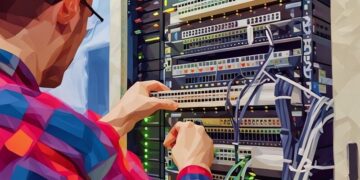 A network engineer, setting up a network switch for the office in the server cage