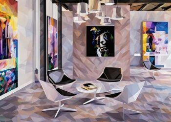 An office with different types of modern art hanging on the wall