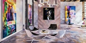 An office with different types of modern art hanging on the wall